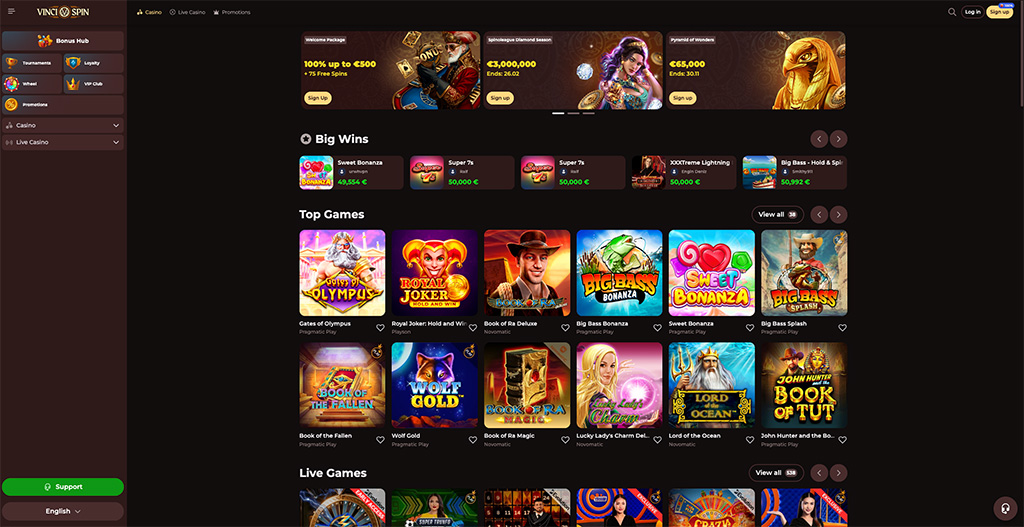 Vinci Spin Casino - Claim 100% Up to €500 + 75 Free Spins