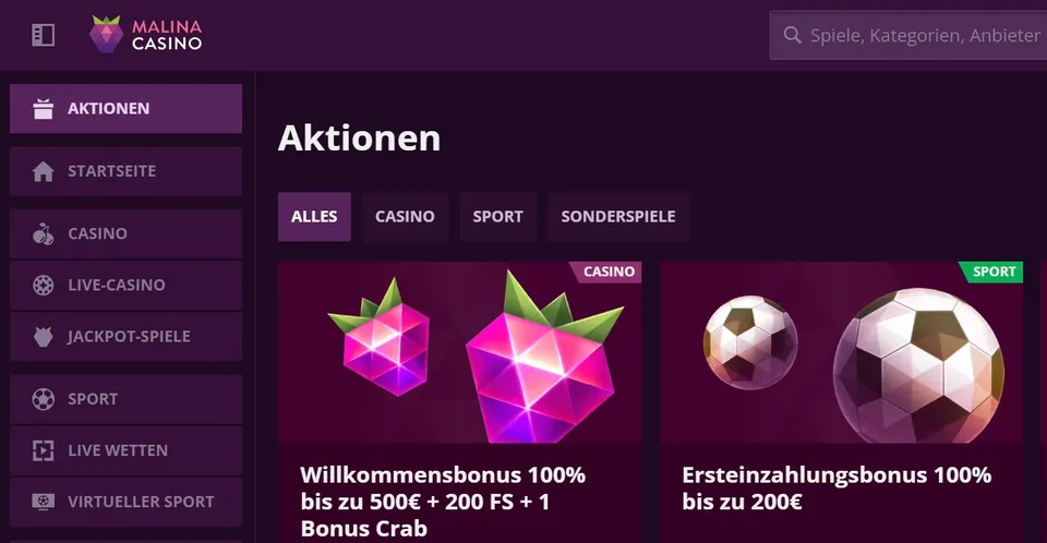 Malina Casino Testbericht: 100% Bonus bis zu 500€ + 200 Freispiele + 1 ...