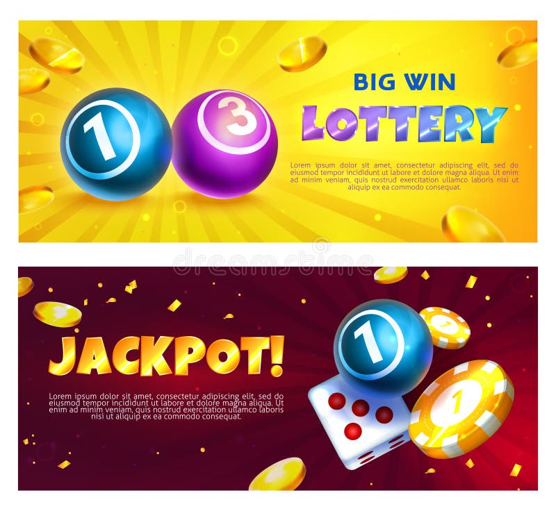 Lottery Banners with Realistic Balls, Casino Chips and Coins Stock ...
