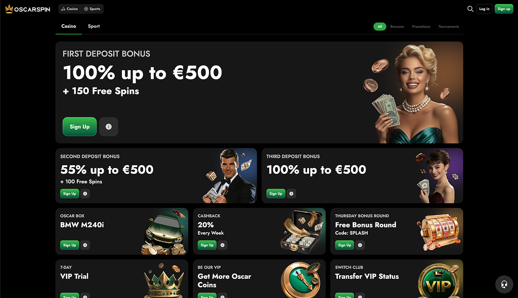 OscarSpin Casino - Grab the offer - 100% up to €1500 + 250 FS
