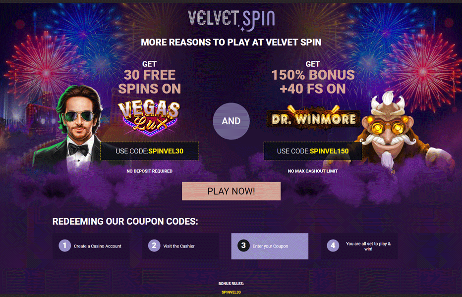 Velvet Spin No Deposit Bonus - 120 Free Spins or $100 Free Chip